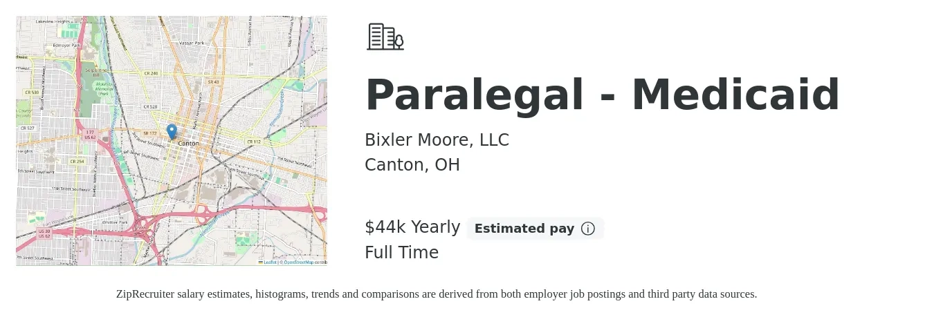 Bixler Moore, LLC job posting for a Paralegal - Medicaid in Canton, OH with a salary of $44,000 Yearly with a map of Canton location.