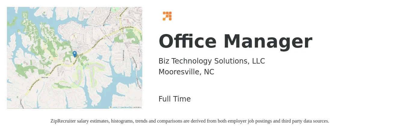 Biz Technology Solutions, LLC job posting for a Office Manager in Mooresville, NC with a salary of $37,900 to $55,800 Yearly with a map of Mooresville location.