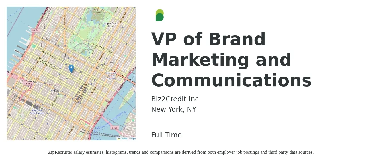 Biz2Credit Inc job posting for a VP of Brand Marketing and Communications in New York, NY with a salary of $137,200 to $223,100 Yearly with a map of New York location.