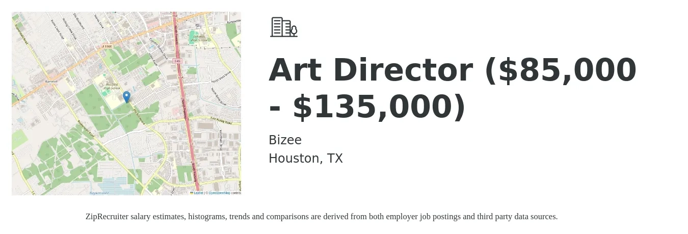 Bizee job posting for a Art Director ($85,000 - $135,000) in Houston, TX with a salary of $115,500 to $121,200 Yearly with a map of Houston location.