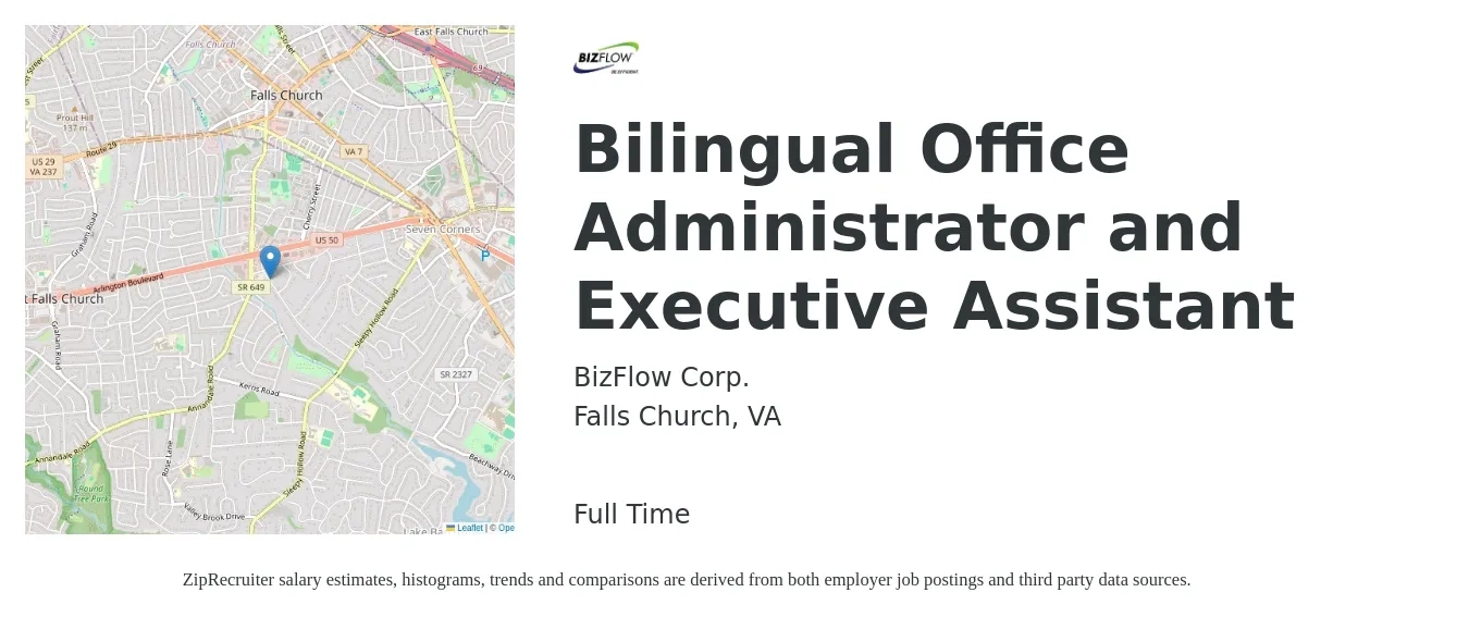 BizFlow Corp. job posting for a Bilingual Office Administrator and Executive Assistant in Falls Church, VA with a salary of $19 to $24 Hourly with a map of Falls Church location.