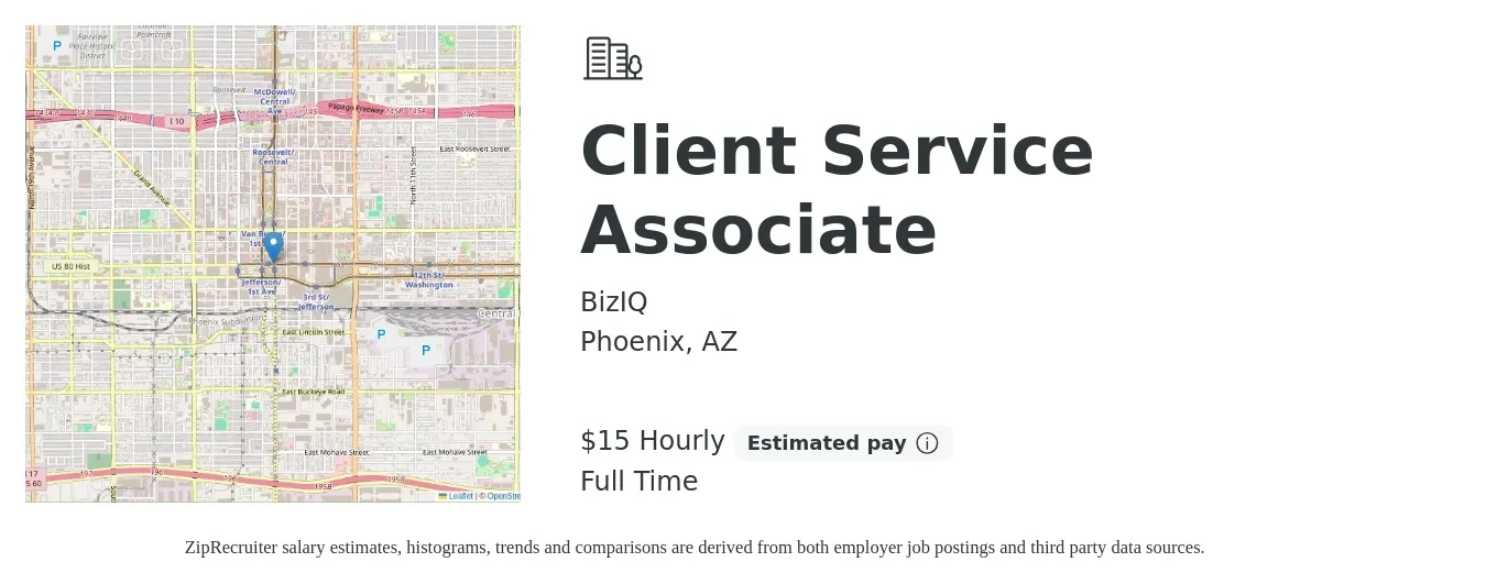 BizIQ job posting for a Client Service Associate in Phoenix, AZ with a salary of $16 Hourly with a map of Phoenix location.