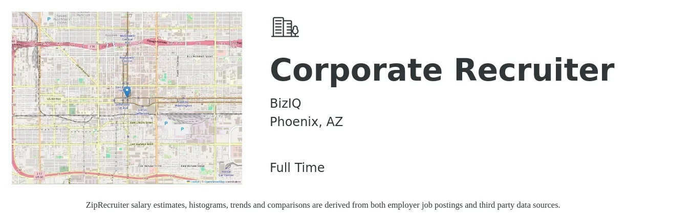 BizIQ job posting for a Corporate Recruiter in Phoenix, AZ with a salary of $49,600 to $71,500 Yearly with a map of Phoenix location.