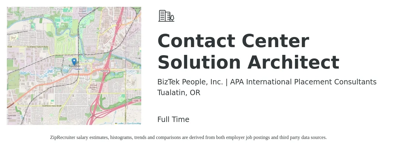 BizTek People, Inc. | APA International Placement Consultants job posting for a Contact Center Solution Architect in Tualatin, OR with a salary of $66 to $86 Hourly with a map of Tualatin location.