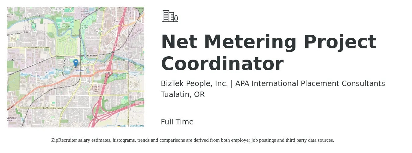 BizTek People, Inc. | APA International Placement Consultants job posting for a Net Metering Project Coordinator in Tualatin, OR with a salary of $50,000 to $71,900 Yearly with a map of Tualatin location.