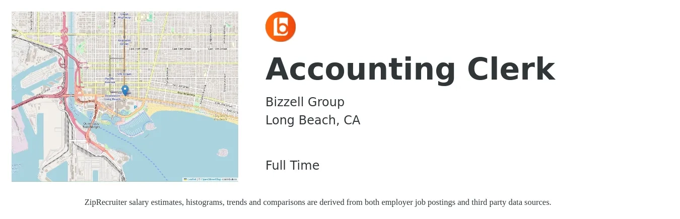 Bizzell Group job posting for a Accounting Clerk in Long Beach, CA with a salary of $20 to $25 Hourly with a map of Long Beach location.