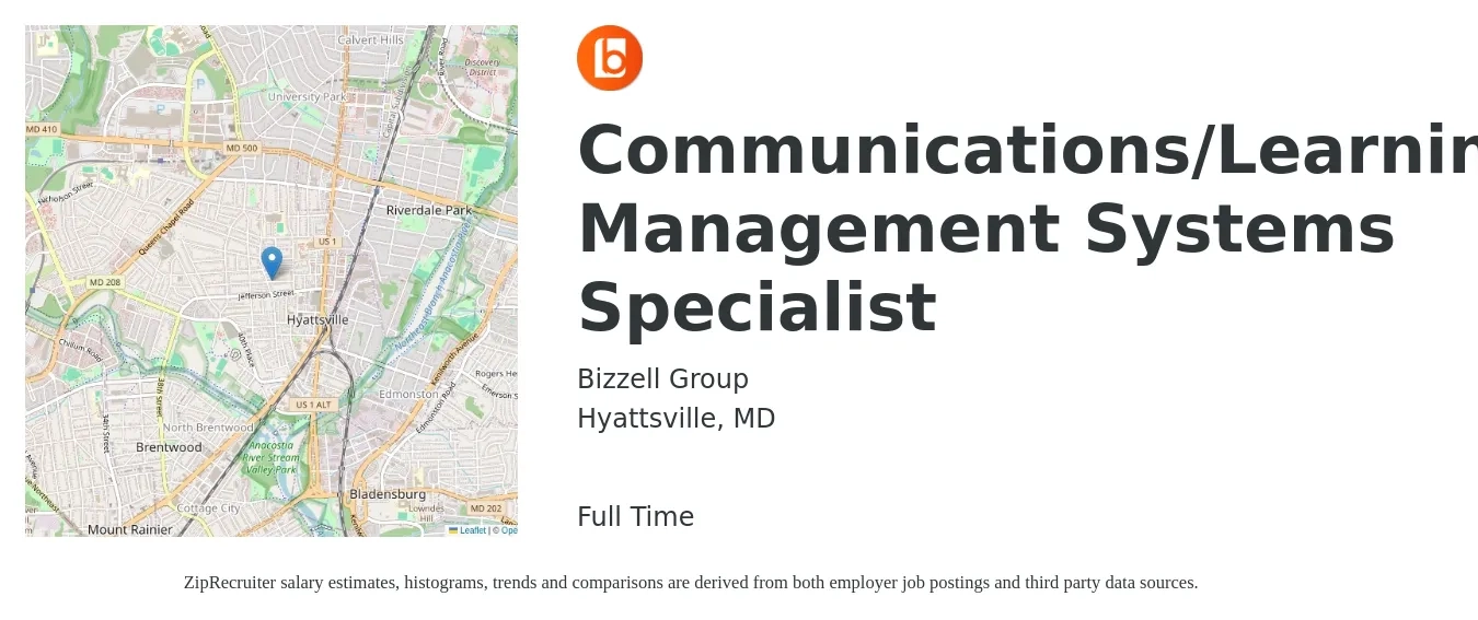 Bizzell Group job posting for a Communications/Learning Management Systems Specialist in Hyattsville, MD with a salary of $53,700 to $71,200 Yearly with a map of Hyattsville location.