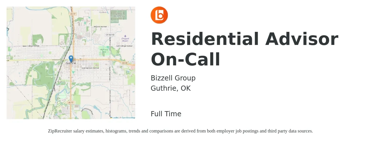 Bizzell Group job posting for a Residential Advisor On-Call in Guthrie, OK with a salary of $12 to $14 Hourly with a map of Guthrie location.