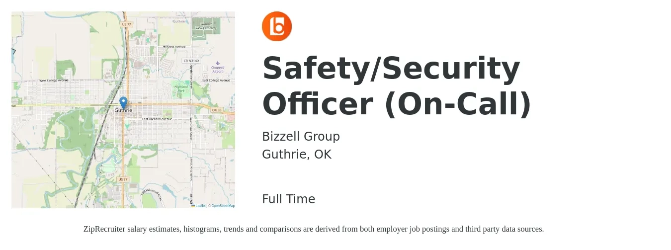 Bizzell Group job posting for a Safety/Security Officer (On-Call) in Guthrie, OK with a salary of $14 to $18 Hourly with a map of Guthrie location.