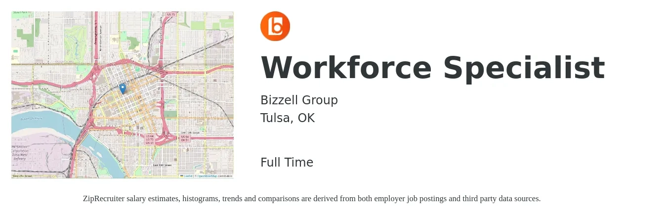Bizzell Group job posting for a Workforce Specialist in Tulsa, OK with a salary of $31,000 to $48,000 Yearly with a map of Tulsa location.