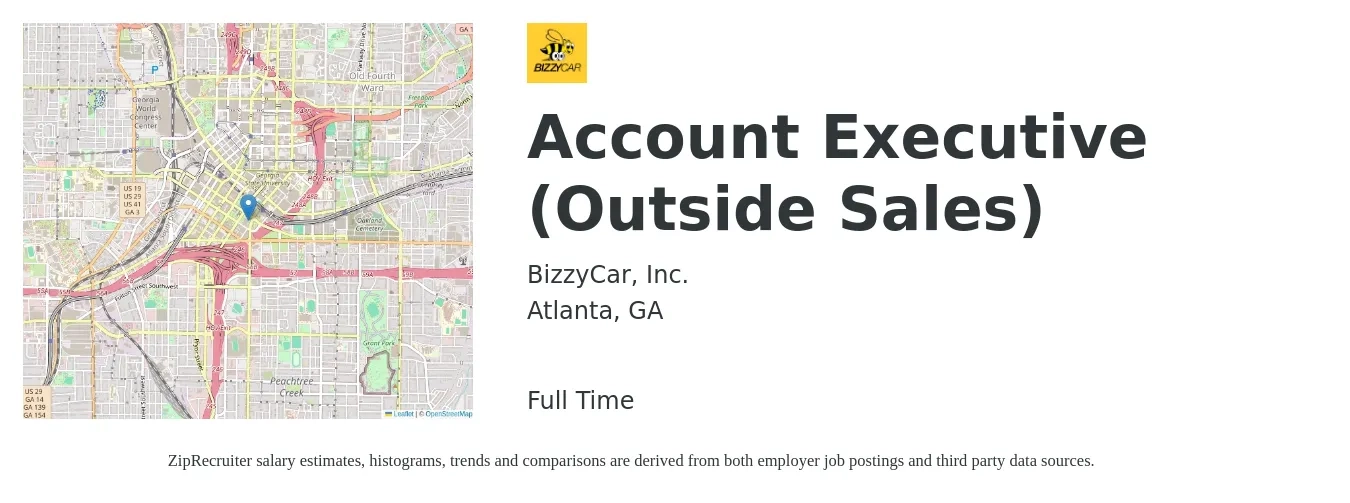 BizzyCar, Inc. job posting for a Account Executive (Outside Sales) in Atlanta, GA with a salary of $175,000 Yearly with a map of Atlanta location.
