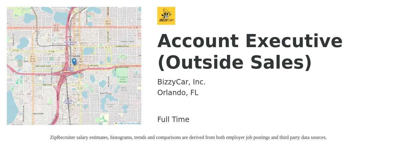 BizzyCar, Inc. job posting for a Account Executive (Outside Sales) in Orlando, FL with a salary of $175,000 Yearly with a map of Orlando location.