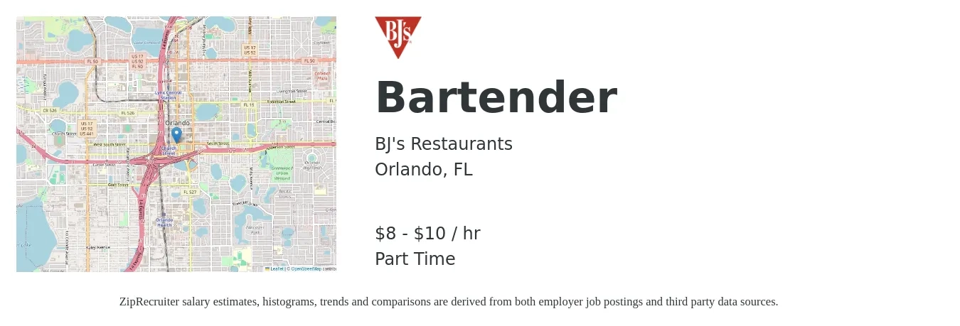 BJ's Restaurants job posting for a Bartender in Orlando, FL with a salary of $9 to $11 Hourly with a map of Orlando location.