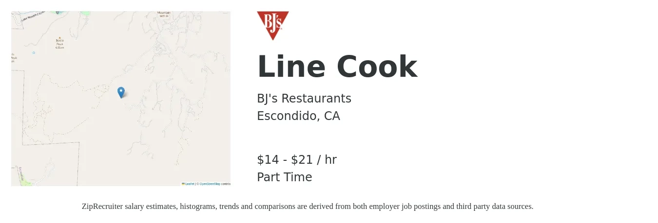 BJ's Restaurants job posting for a Line Cook in Escondido, CA with a salary of $16 to $22 Hourly with a map of Escondido location.
