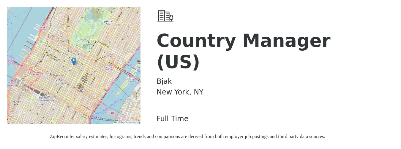 Bjak job posting for a Country Manager (US) in New York, NY with a salary of $48,100 to $98,500 Yearly with a map of New York location.