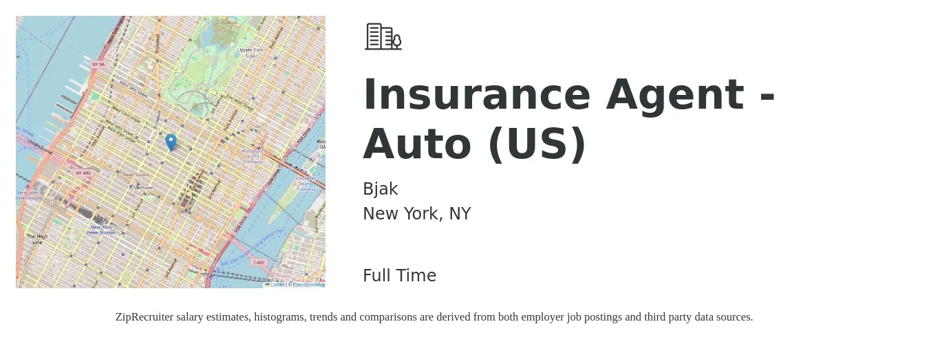 Bjak job posting for a Insurance Agent - Auto (US) in New York, NY with a salary of $48,700 to $84,200 Yearly with a map of New York location.