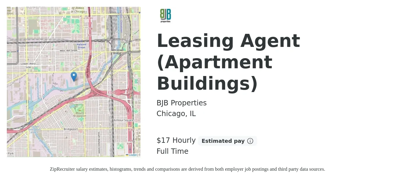 BJB Properties job posting for a Leasing Agent (Apartment Buildings) in Chicago, IL with a salary of $18 Hourly with a map of Chicago location.