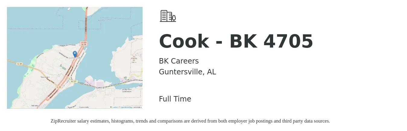 BK Careers job posting for a Cook - BK 4705 in Guntersville, AL with a salary of $10 to $12 Hourly with a map of Guntersville location.