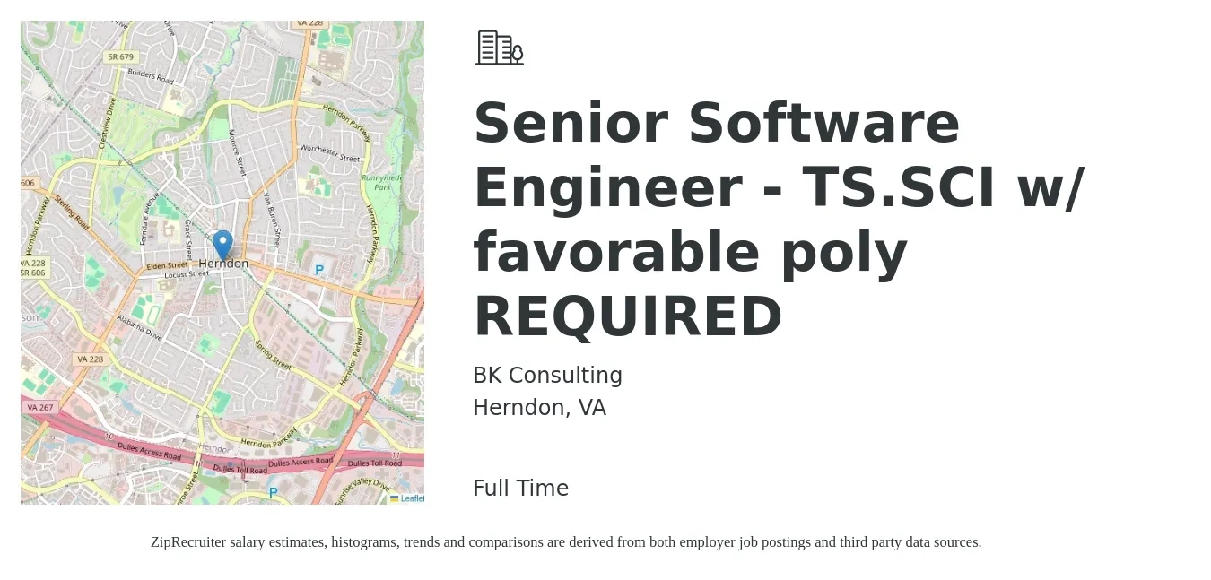 BK Consulting job posting for a Senior Software Engineer - TS.SCI w/ favorable poly REQUIRED in Herndon, VA with a salary of $126,000 to $166,100 Yearly with a map of Herndon location.
