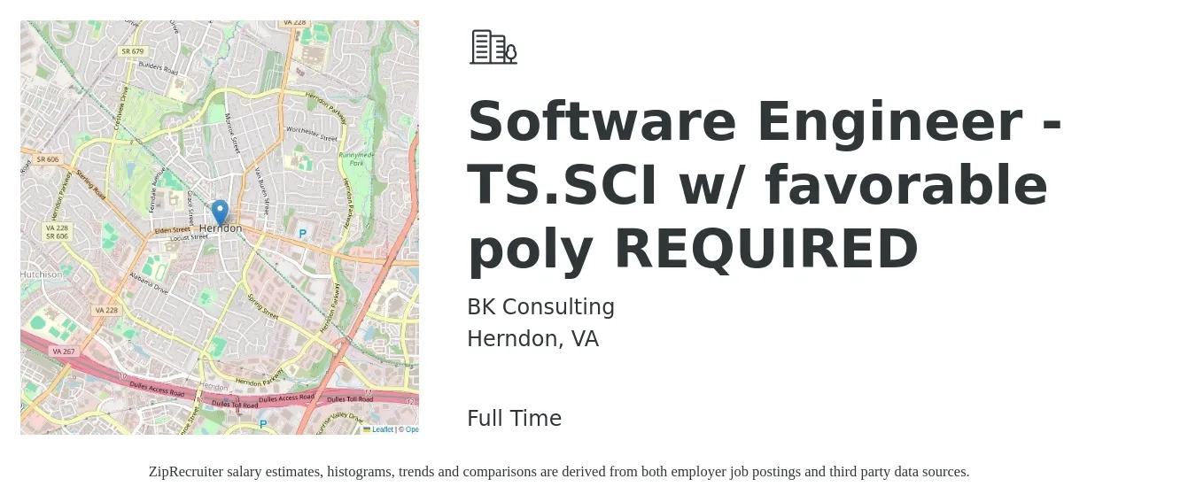 BK Consulting job posting for a Software Engineer - TS.SCI w/ favorable poly REQUIRED in Herndon, VA with a salary of $123,400 to $177,900 Yearly with a map of Herndon location.