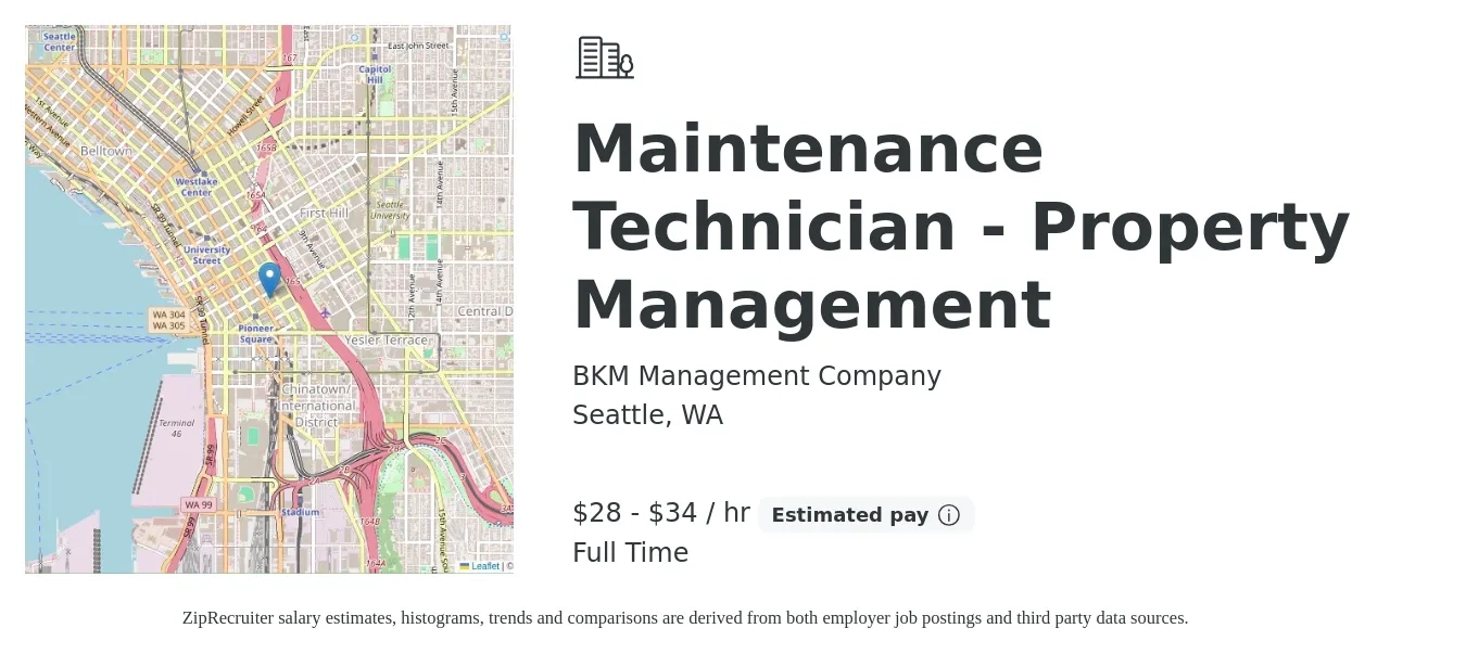 BKM Management Company job posting for a Maintenance Technician - Property Management in Seattle, WA with a salary of $30 to $36 Hourly with a map of Seattle location.