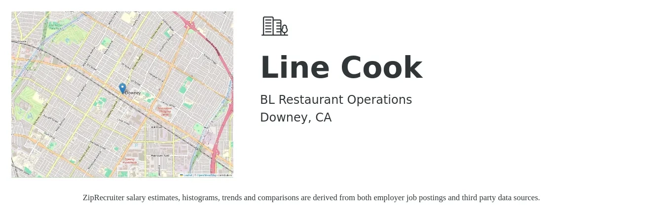 BL Restaurant Operations job posting for a Line Cook in Downey, CA with a salary of $16 to $20 Hourly with a map of Downey location.