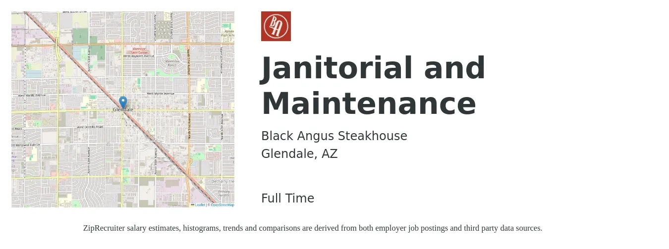 Black Angus Steakhouse LLC job posting for a Janitorial and Maintenance in Glendale, AZ with a salary of $16 to $20 Hourly with a map of Glendale location.
