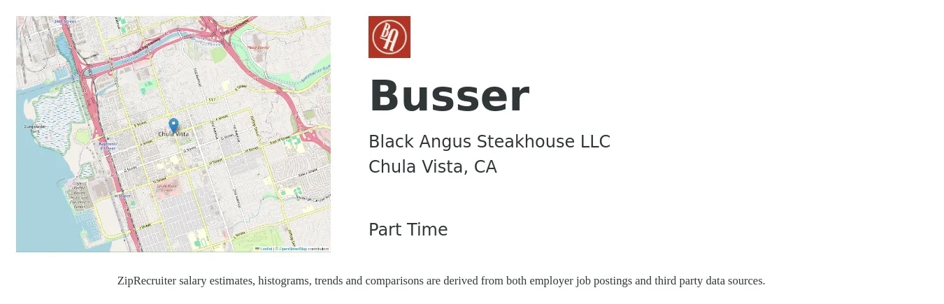 Black Angus Steakhouse LLC job posting for a Busser in Chula Vista, CA with a salary of $11 to $16 Hourly with a map of Chula Vista location.