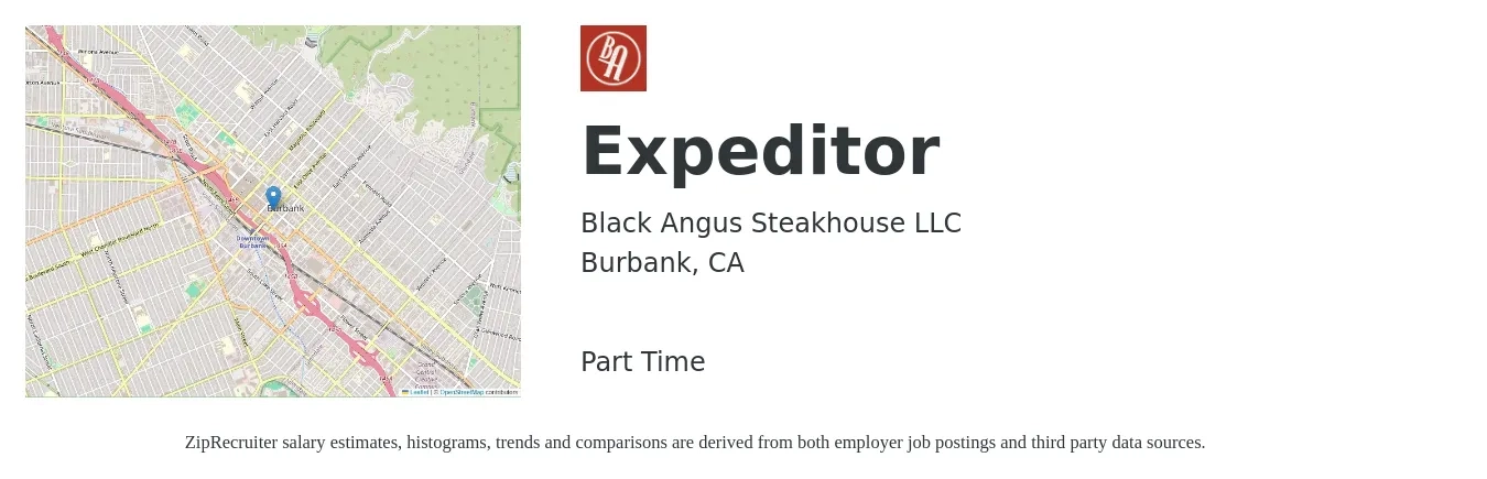 Black Angus Steakhouse LLC job posting for a Expeditor in Burbank, CA with a salary of $14 to $22 Hourly with a map of Burbank location.