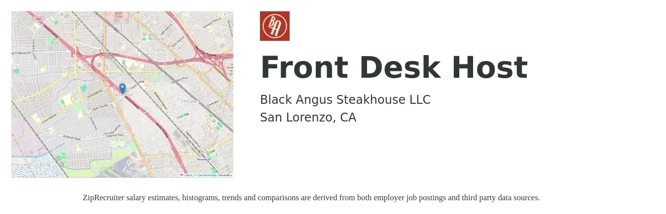 Black Angus Steakhouse LLC job posting for a Front Desk Host in San Lorenzo, CA with a salary of $16 to $22 Hourly with a map of San Lorenzo location.
