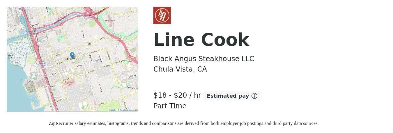 Black Angus Steakhouse LLC job posting for a Line Cook in Chula Vista, CA with a salary of $17 to $19 Hourly with a map of Chula Vista location.