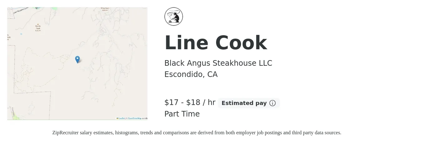 Black Angus Steakhouse LLC job posting for a Line Cook in Escondido, CA with a salary of $18 to $19 Hourly with a map of Escondido location.