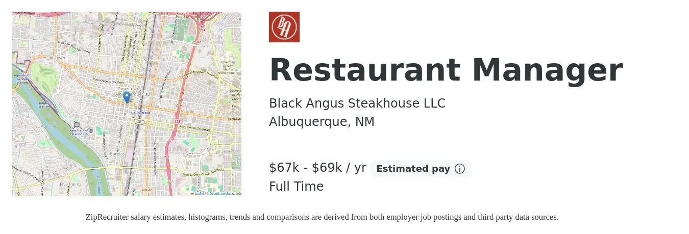 Black Angus Steakhouse LLC job posting for a Restaurant Manager in Albuquerque, NM with a salary of $67,000 to $69,000 Yearly with a map of Albuquerque location.