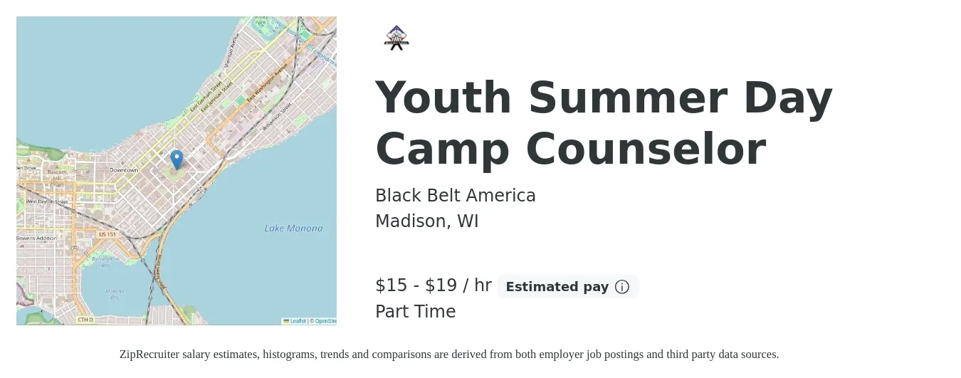 Black Belt America job posting for a Youth Summer Day Camp Counselor in Madison, WI with a salary of $16 to $20 Hourly with a map of Madison location.