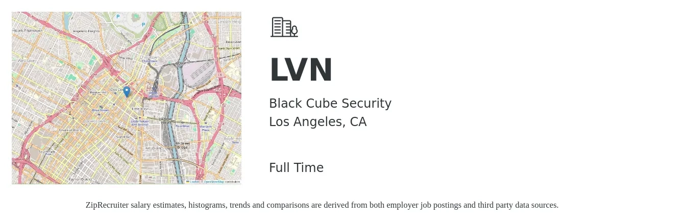 Black Cube Security job posting for a LVN in Los Angeles, CA with a salary of $30 to $40 Hourly with a map of Los Angeles location.