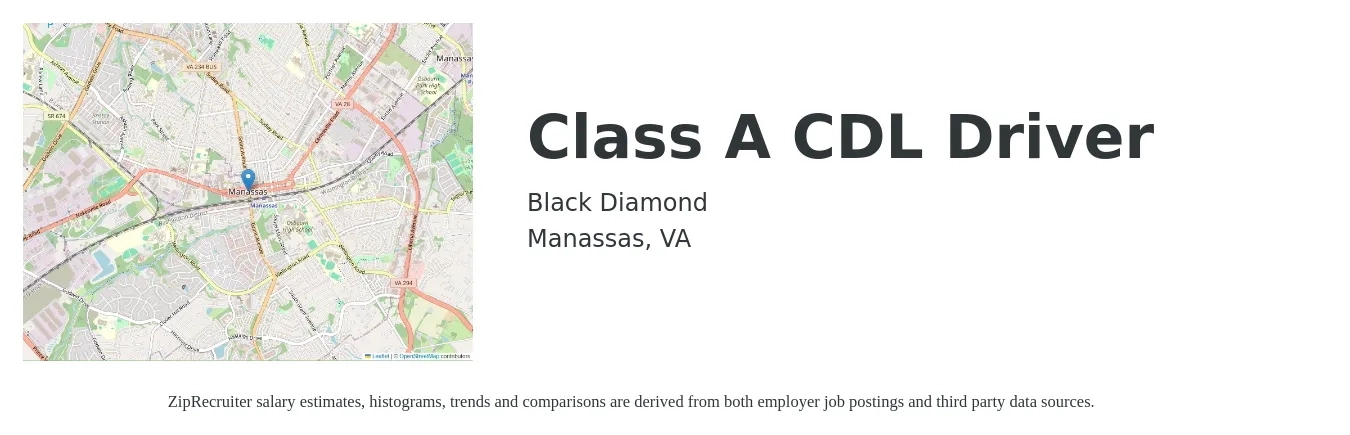 Black Diamond job posting for a Class A CDL Driver in Manassas, VA with a salary of $24 to $40 Hourly with a map of Manassas location.