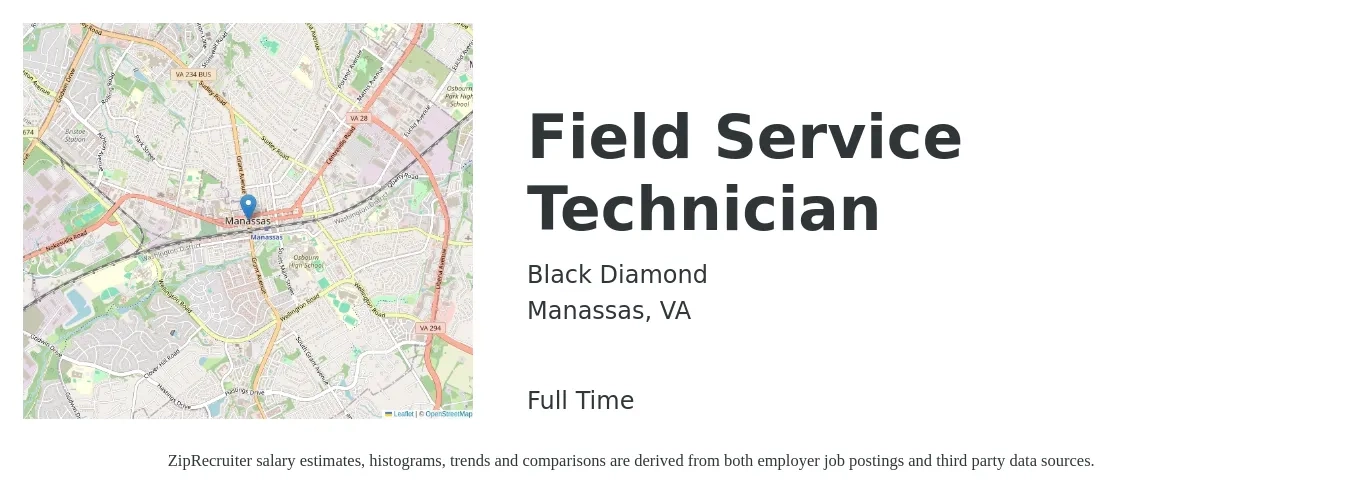 Black Diamond job posting for a Field Service Technician in Manassas, VA with a salary of $20 to $30 Hourly with a map of Manassas location.