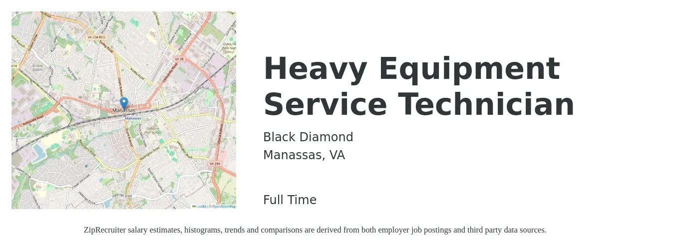Black Diamond job posting for a Heavy Equipment Service Technician in Manassas, VA with a salary of $23 to $31 Hourly with a map of Manassas location.