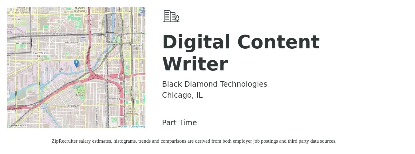 Black Diamond Technologies job posting for a Digital Content Writer in Chicago, IL with a salary of $24 to $48 Hourly with a map of Chicago location.