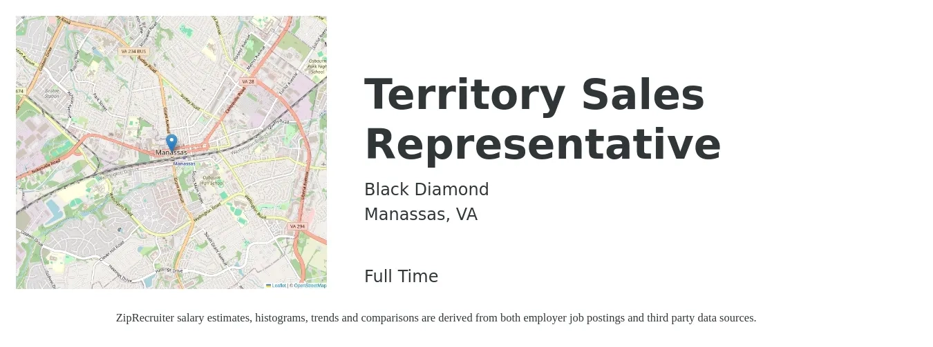 Black Diamond job posting for a Territory Sales Representative in Manassas, VA with a salary of $46,900 to $77,800 Yearly with a map of Manassas location.