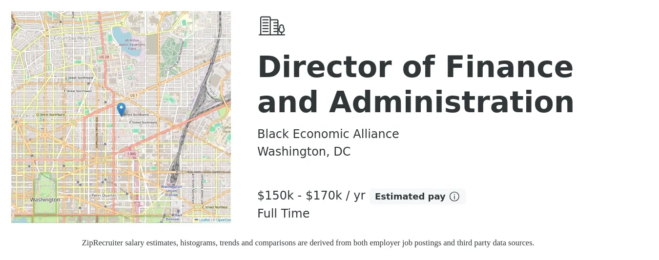 Black Economic Alliance job posting for a Director of Finance and Administration in Washington, DC with a salary of $150,000 to $170,000 Yearly with a map of Washington location.