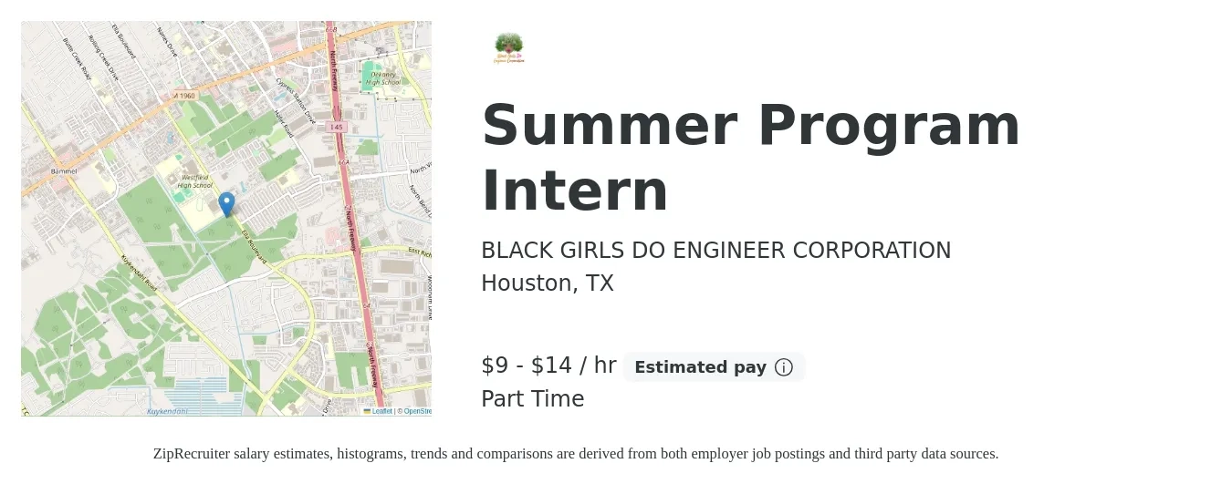 BLACK GIRLS DO ENGINEER CORPORATION job posting for a Summer Program Intern in Houston, TX with a salary of $10 to $15 Hourly with a map of Houston location.