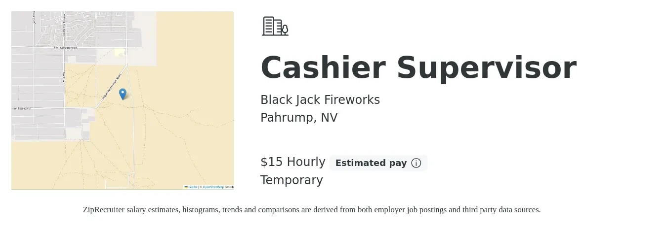 Black Jack Fireworks job posting for a Cashier Supervisor in Pahrump, NV with a salary of $16 Hourly with a map of Pahrump location.