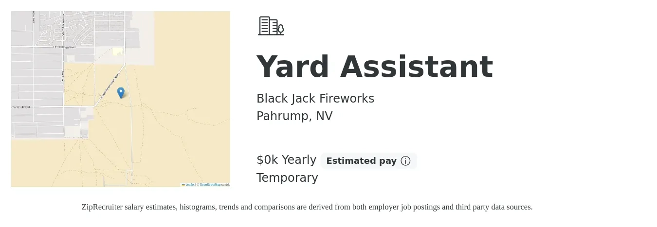 Black Jack Fireworks job posting for a Yard Assistant in Pahrump, NV with a salary of $15 Yearly with a map of Pahrump location.
