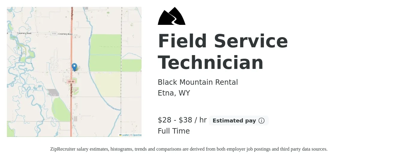 Black Mountain Rental job posting for a Field Service Technician in Etna, WY with a salary of $30 to $40 Hourly with a map of Etna location.