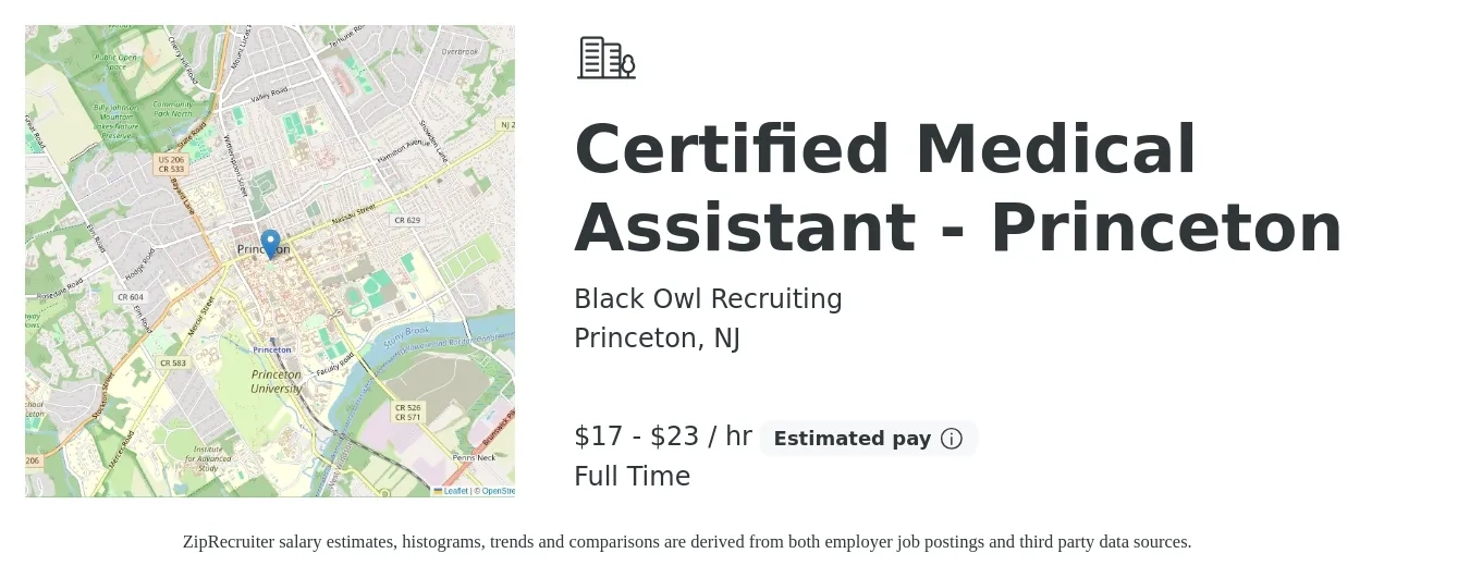 Black Owl Recruiting job posting for a Certified Medical Assistant - Princeton in Princeton, NJ with a salary of $18 to $24 Hourly with a map of Princeton location.