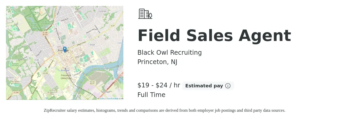 Black Owl Recruiting job posting for a Field Sales Agent in Princeton, NJ with a salary of $20 to $25 Hourly and benefits including pto with a map of Princeton location.