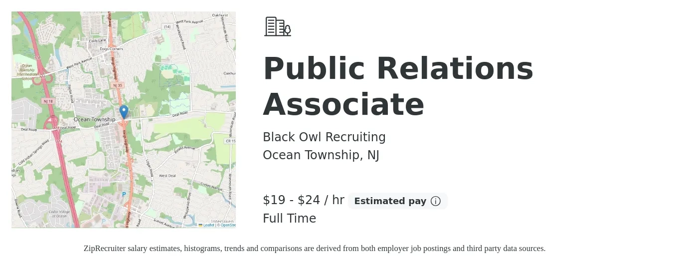 Black Owl Recruiting job posting for a Public Relations Associate in Ocean Township, NJ with a salary of $20 to $25 Hourly and benefits including pto with a map of Ocean Township location.