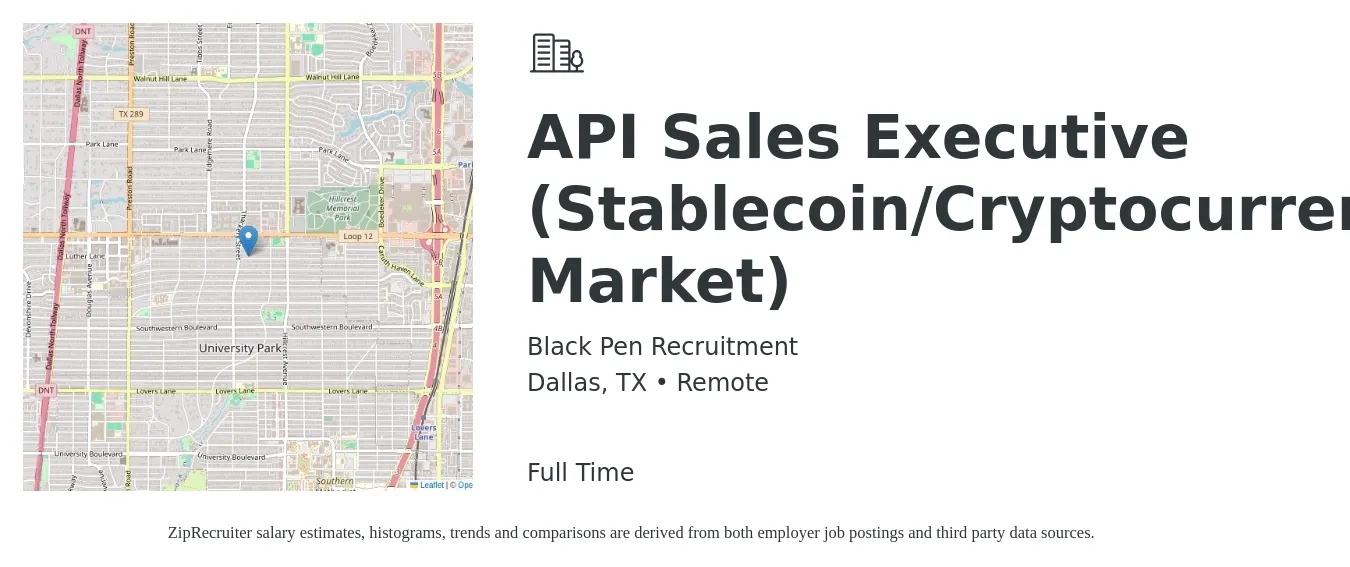 Black Pen Recruitment job posting for a API Sales Executive (Stablecoin/Cryptocurrency/African Market) in Dallas, TX with a salary of $56,400 to $96,900 Yearly with a map of Dallas location.