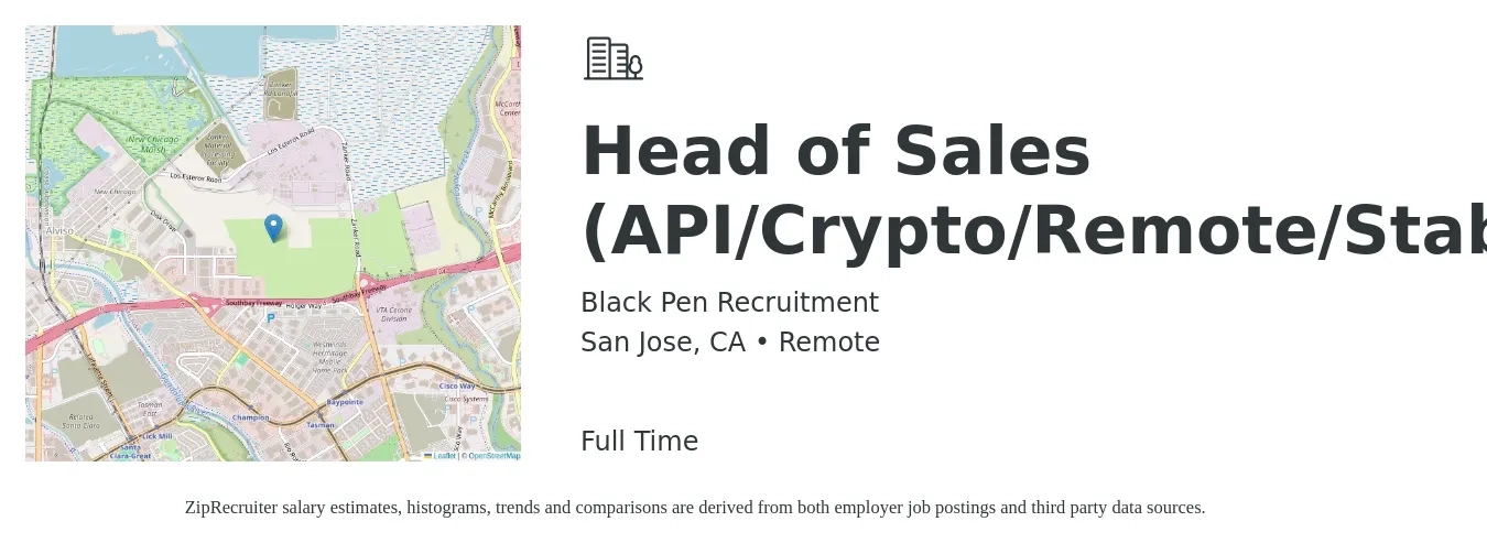 Black Pen Recruitment job posting for a Head of Sales (API/Crypto/Remote/Stablecoin) in San Jose, CA with a salary of $82,600 to $146,500 Yearly with a map of San Jose location.